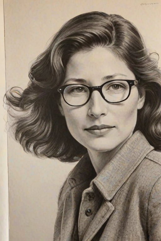 Fascinating Catherine Keener, pencil sketch, portrait of Elegant woman 1941s in glasses, hair style beatnik, outline, clear lines, fine lines, 8k