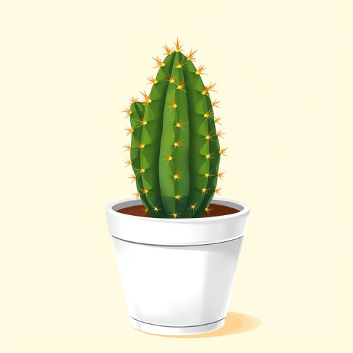 Create a detailed illustration of a cactus in a white pot with a light pastel yellow background, using a DSLR camera with a 50mm lens, aperture f/2.8, shutter speed 1/125s, and a focus on vibrant colors and sharp details.