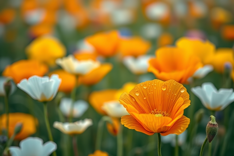 generate a vibrant close-up image of a colorful flower field with orange, yellow, and light blue poppies, captured in soft focus with dew drops on the petals, using a DSLR camera at f/2.8 aperture, 50mm lens, ISO 100, and natural lighting for enhanced depth and sharpness