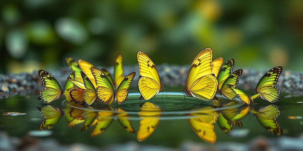 Generate an image of a serene outdoor scene featuring a variety of butterflies gathered around a small body of water. The butterflies should display vibrant colors, including shades of green and yellow, while reflecting on the water's surface. The background should include soft blurred greenery, creating a peaceful atmosphere.