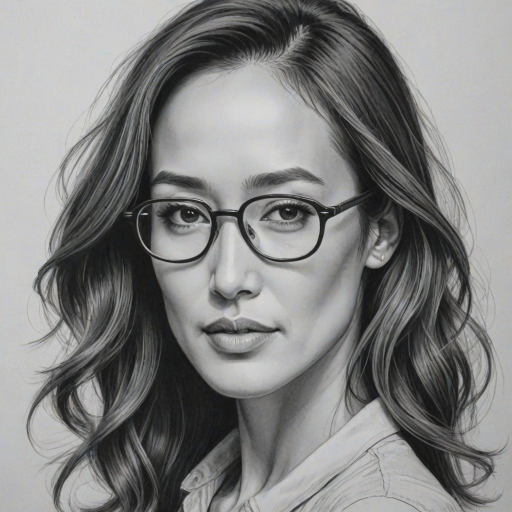 Fetching Maggie Q, pencil sketch, portrait of Magnificent woman 1945s in glasses, hair style beatnik, outline, clear lines, fine lines, 8k