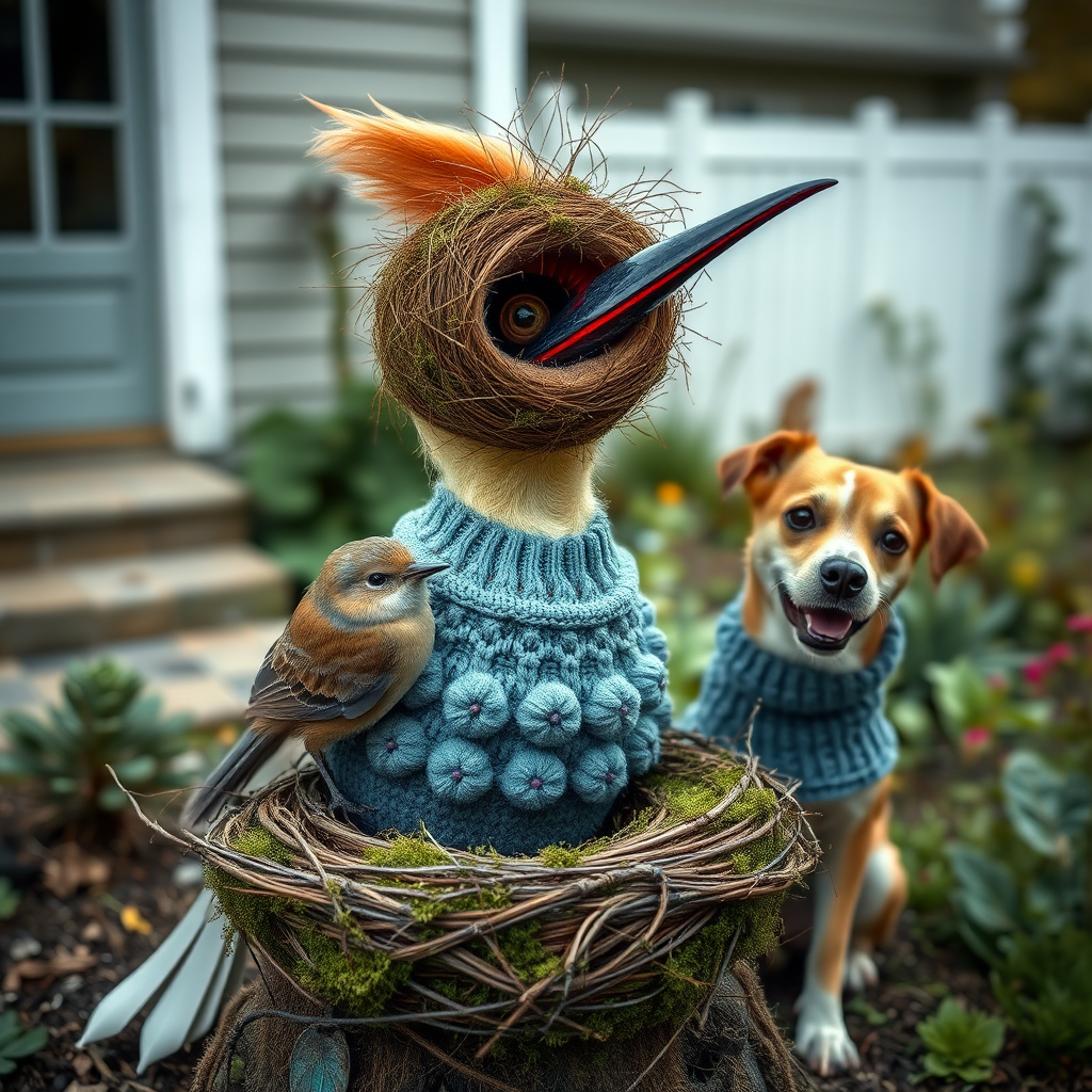 An image of a surreal, whimsical bird, a moss birds nest, sitting nearby is a dog, slightly smiling with a blueberry bobble stitch sweater, muted colors, natural textures, garden at back of house.