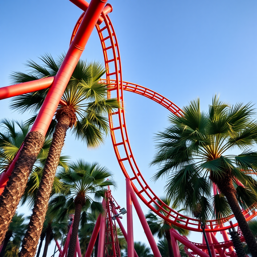 high-resolution image of a roller coaster loop surrounded by palm trees, captured with a Canon EOS 5D Mark IV, 50mm lens, aperture f/4, shutter speed 1/1000 sec, ISO 100, vibrant colors and dynamic angle, daytime setting with clear skies
