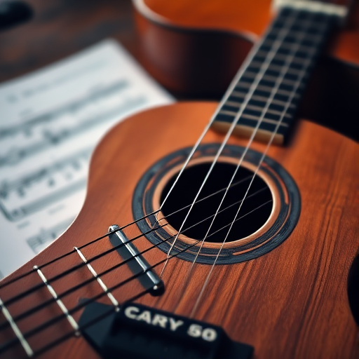 Create a high-resolution image of a guitar and sheet music background with soft focus, using a DSLR camera, 50mm lens, aperture f/1.8, ISO 100, shot from a slightly elevated angle to capture the textures and details.