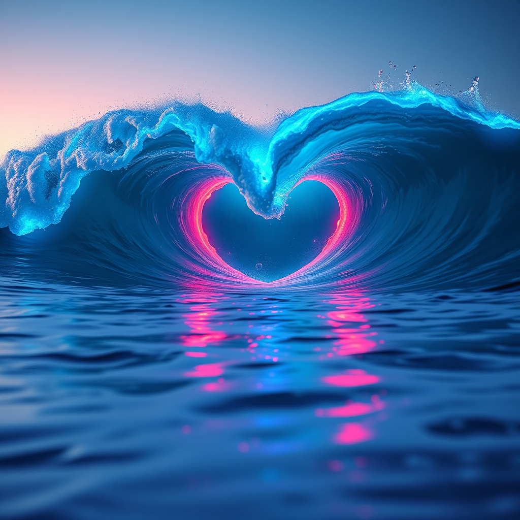 A surreal ocean wave forming a heart shape, illuminated by neon blue lights, with digital elements integrated, during twilight, captured with a Canon EOS R5, 24mm lens, f/2.8 aperture, ISO 200, 1/60s shutter speed, using a wide-angle perspective for enhanced depth.