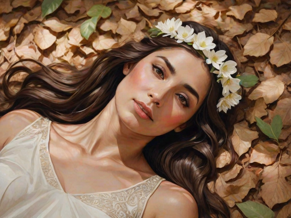 create a watercolor painting of an ethereal portrait of beautiful Assyrian woman with a simple white flower crown on her head. Her hair is long and she is lying on the ground. The sunlight on the trees casts shadows from the leaves on her face and body. The background is a neutral brown color that matches her skin tone. The image is minimalist and solid colors. This style is characterized by soft, delicate brushstrokes and a light, airy, contrasting color palette. High level of detail and play of light