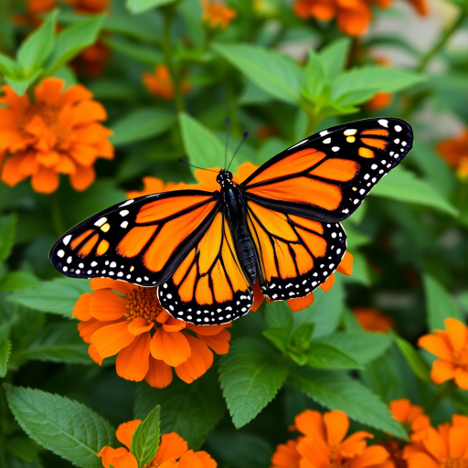 Generate an image of a vibrant monarch butterfly perched on bright orange flowers surrounded by lush green leaves, capturing the details of the butterfly's striking black and orange patterns and the texture of the flowers and foliage.