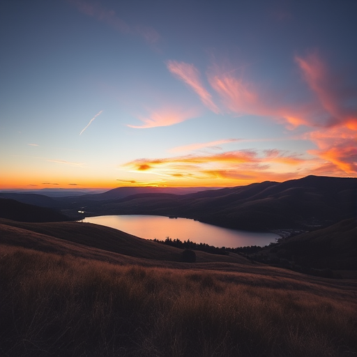 Create a high-resolution image of a serene landscape at sunset featuring rolling hills and a calm lake, use a Canon EOS R5 camera with a 24-70mm lens, aperture set to f/8, ISO 100, and a shutter speed of 1/125s, captured from a low vantage point with a wide-angle view for a dramatic effect.