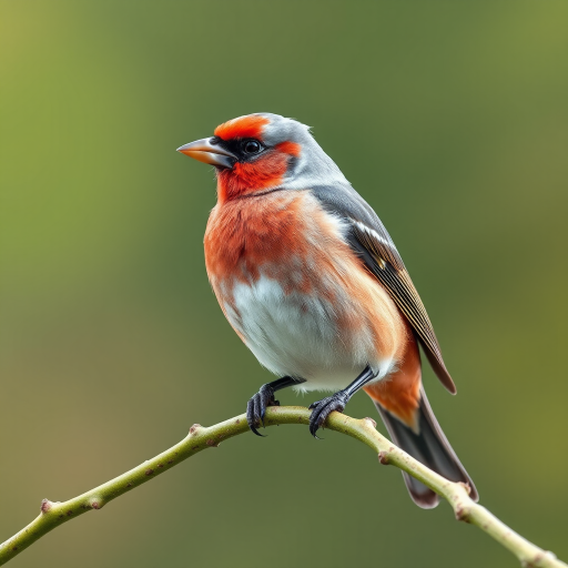 A highly detailed illustration of a bullfinch perched on a green branch, capturing sharp colors and smooth gradients, with a focus on vibrant red and grey feathers, using a DSLR camera with a 50mm lens, aperture f/2.8, ISO 100, natural lighting to enhance clarity and richness of color.
