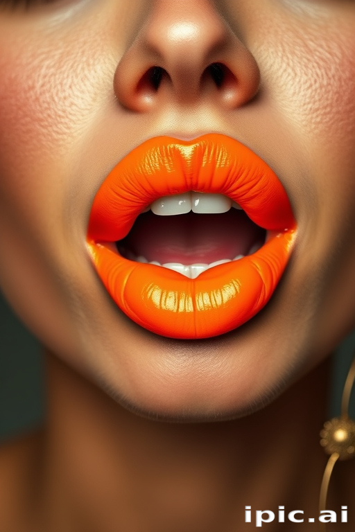 Vivacious woman lips showcasing neon orange satin finish, full face image bursting with energy and vibrant personality