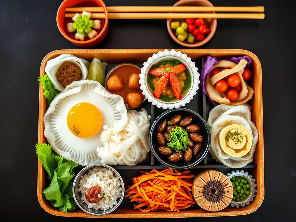 Regenerate an image of a beautifully arranged bento box with various colorful dishes, shot with a DSLR camera at f/2.8 aperture, ISO 100, 50mm lens, top-down view, using natural light for enhanced clarity and sharpness on a dark surface.