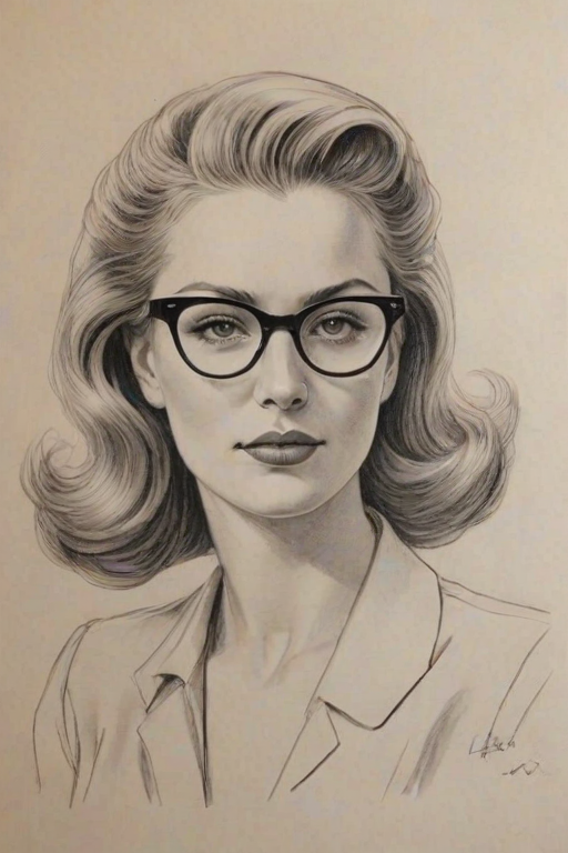 Delightful Leila George, pencil sketch, portrait of Stunning woman 1939s in glasses, hair style beatnik, outline, clear lines, fine lines, 8k