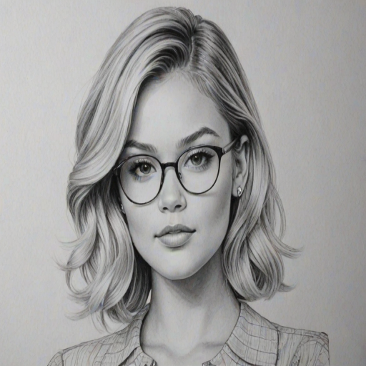 Fascinating Olivia Holt, pencil sketch, portrait of Elegant woman 1944s in glasses, hair style beatnik, outline, clear lines, fine lines, 8k