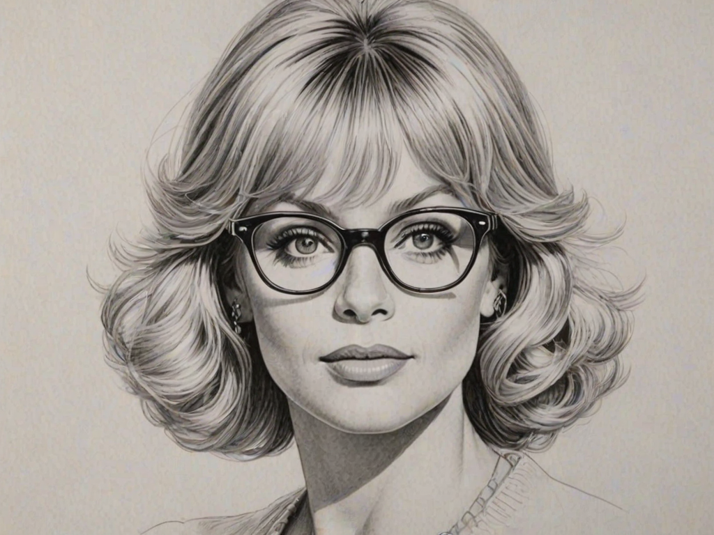 Graceful Goldie Hawn, pencil sketch, portrait of Delightful woman 1955s in glasses, hair style beatnik, outline, clear lines, fine lines, 8k