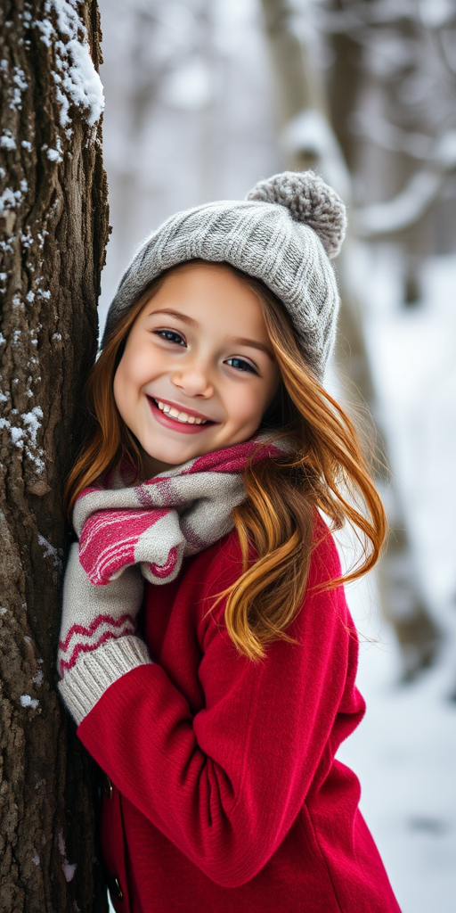 portrait of a smiling girl in winter clothing leaning against a tree in a snowy environment, soft natural light, f/2.8 aperture, 50mm lens, shallow depth of field, DSLR camera, vibrant colors and high detail