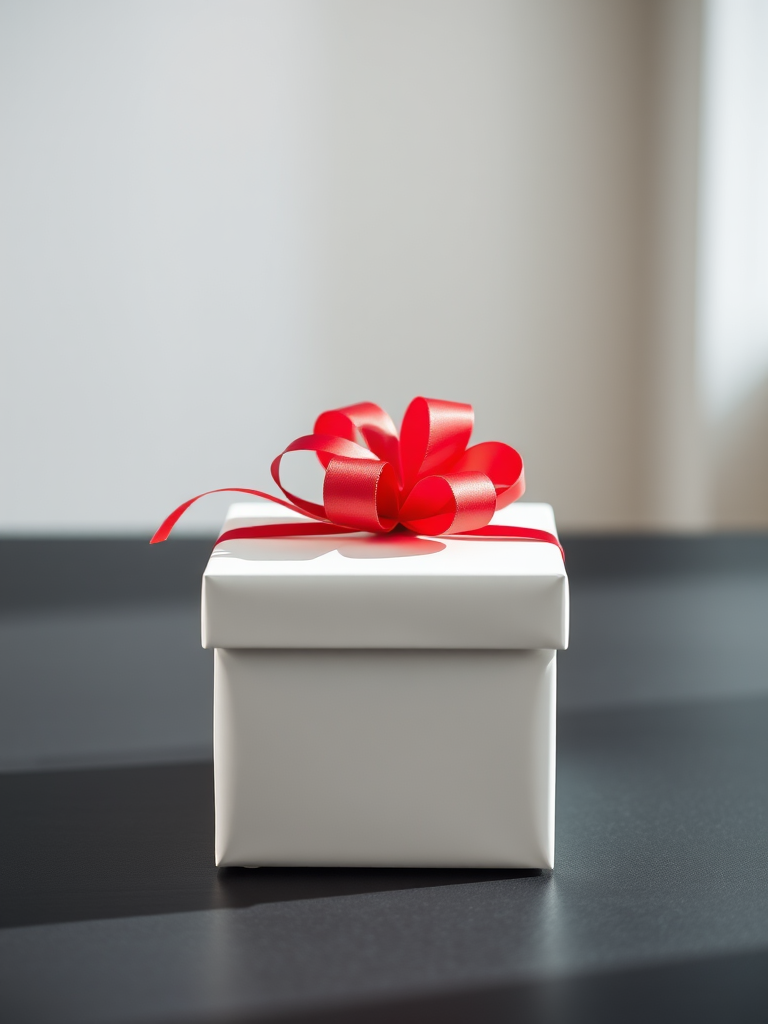 Create a high-resolution image of a stylized gift box with a ribbon on top, captured at a 50mm focal length, f/2.8 aperture, ISO 100, in a well-lit studio with soft lighting for smooth shadows, using a DSLR camera with a shallow depth of field.