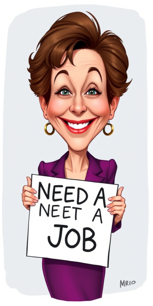caricature of a smiling Annette Bening in a Plum dress or suit, holding up a sign that says "NEED A JOB", no watermark,