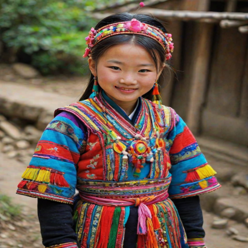 A beautiful Miao girl, wearing colorful bird clothing with vibrant colors