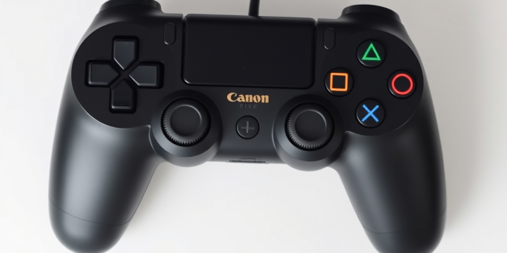 create a high-resolution image of a black video game controller with colored buttons in a flat design style, using a Canon EOS R5, 50mm lens, f/2.8 aperture, ISO 100, natural lighting, centered composition