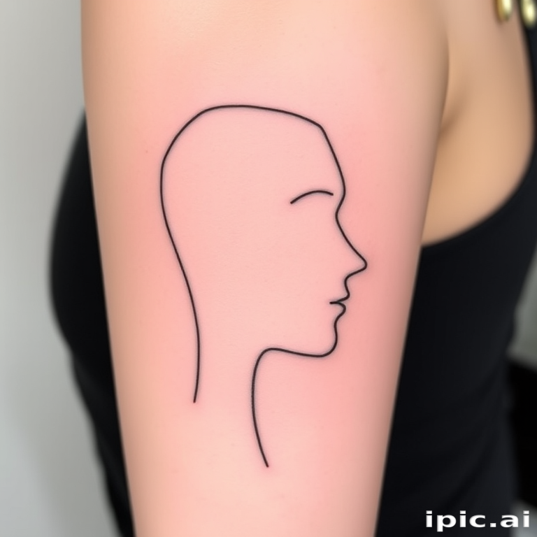 Minimalist single-line tattoo tracing the silhouette of a face in continuous motion, incorporating negative space and strategic line breaks to create a dynamic, abstract portrait