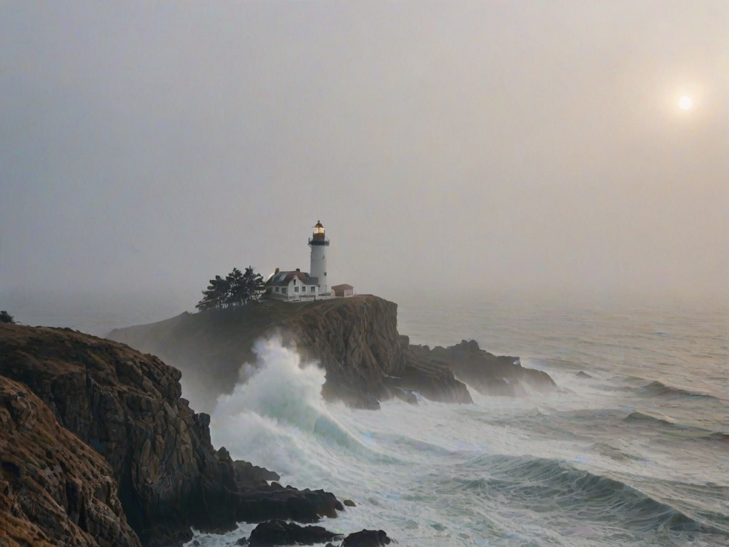 Softly focused photo of a lighthouse perched on a rocky cliff, beams of light cutting through the thick fog, with crashing ocean waves faintly visible below.
