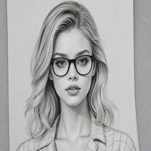 Stunning Nicola Peltz, pencil sketch, portrait of Attractive woman 1952s in glasses, hair style beatnik, outline, clear lines, fine lines, 8k