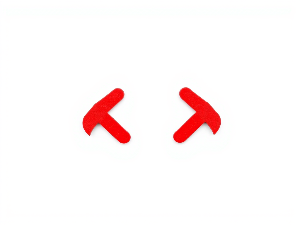 Create a high-resolution image of a simple red double arrow pointing left and right on a white background, shot with a Canon EOS 5D Mark IV at f/8, 1/200s, ISO 100, macro lens, overhead view for enhanced detail and clarity.