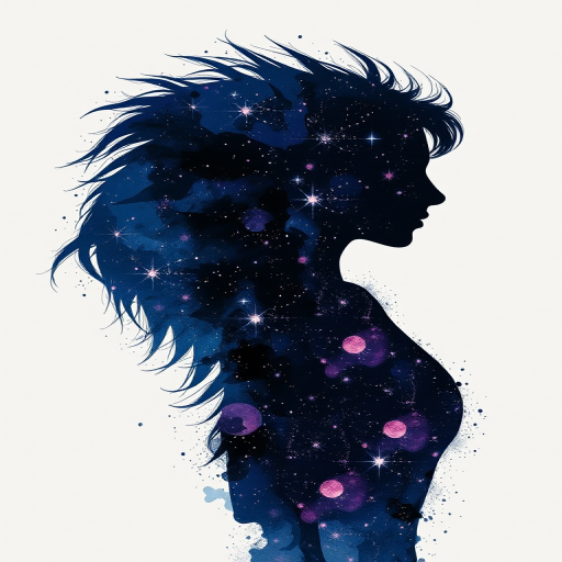 Captivating conceptual render alcohol ink art, double exposure, the paint strokes artfully merge combining a woman's full silhouette with a Xenial xenops's silhouette. The figures are composed of a series of colored dots, lines & spots that evoke the image of a cosmic galaxy, colors are deep shades of blue purple & black with flashes of white & silver representing distant stars. The woman's silhouette is formed within the lion's silhouette from constellations of scattered stars, surreal