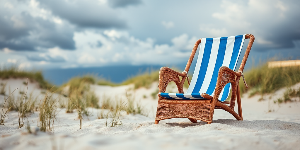 a beach scene featuring a wicker beach chair with blue and white stripes, set against a dramatic sky with storm clouds, focusing on the chair with a blurred background of sandy dunes and grasses, shot with a Canon EOS 5D Mark IV, 50mm lens, aperture f/2.8, ISO 100, with a shallow depth of field to enhance the subject clarity and capture the texture of the sand and grass.
