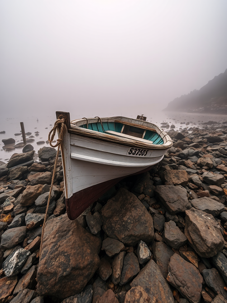 capture a weathered boat resting on rocky shore under a misty atmosphere with soft lighting using a DSLR camera at f/8, 1/125s, ISO 200, focal length 35mm, wide-angle view, emphasize textures and hues for enhanced image quality