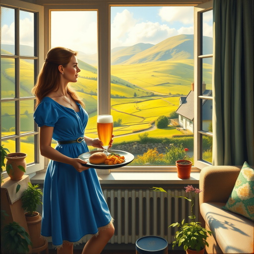 In "A Glass of Beer on the Highland," a serene scene is depicted in a sunlit room where a woman in a vibrant blue dress stands by a large window. She holds a tray with a hearty meal and a frothy glass of beer, embodying a moment of relaxation. Outside, the breathtaking highland landscape features rolling green hills and a charming traditional house, all bathed in warm afternoon light. The interior is adorned with potted plants, creating a harmonious blend of comfort and nature. The painting beautifully captures the tranquility and joy found in simple pleasures amidst stunning scenery