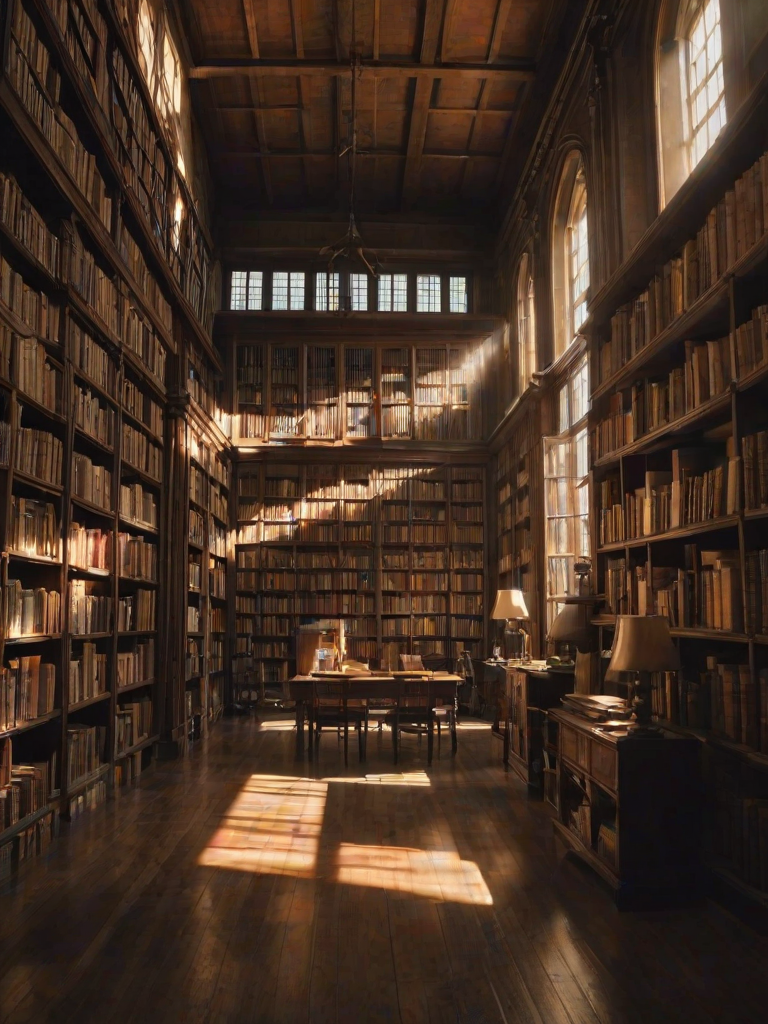 Quiet library filled with towering shelves of books, the scent of old paper and leather binding lingering in the air, with sunlight streaming through tall windows.
