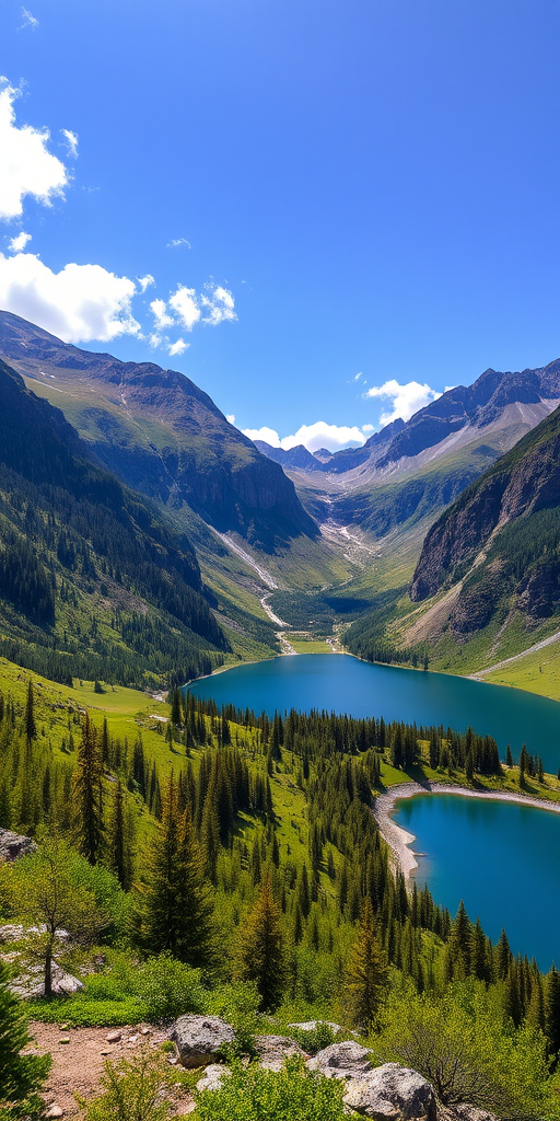 Create a high-resolution landscape image of a mountainous valley with a serene lake, captured in vibrant daylight using a DSLR camera with a 24mm lens, aperture set to f/8, ISO 100, and a shutter speed of 1/125 sec, taken from a wide-angle view to emphasize the depth of the scene and enhance the colors of the greenery and sky.