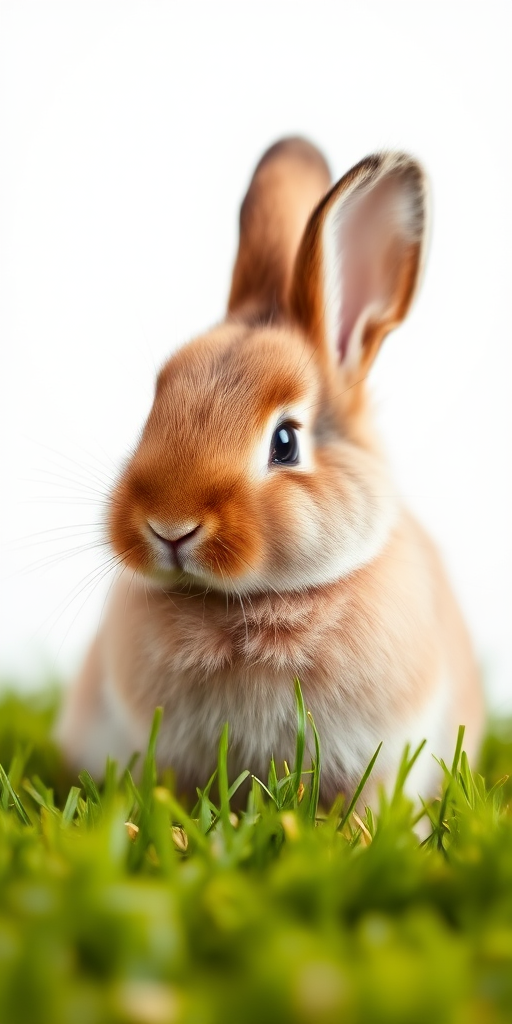 Cute fluffy rabbit sitting on green grass with a soft white background, shot with a Canon EOS 5D Mark IV, 50mm lens, f/1.8 aperture, ISO 200, 1/200 sec shutter speed, natural light, shallow depth of field.