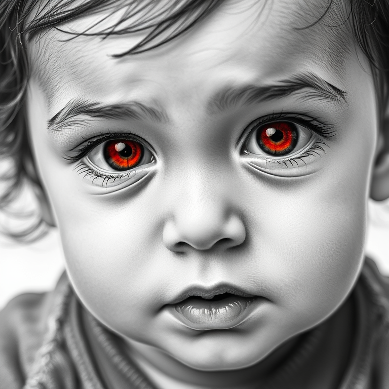 A hyperdetailed photorealistic black and white sketch of a beautiful toddler with deep red eyes, with a macro focus