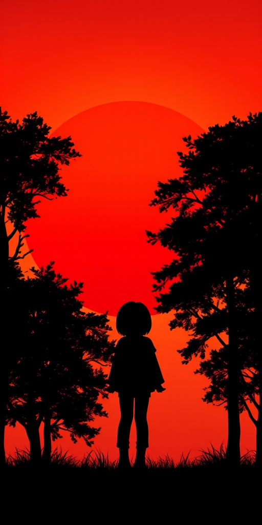 Create a digital illustration of a silhouette of a girl with short hair standing in a foreground of dark trees against a large red sun setting in the background, using high contrast colors, with a Canon EOS R5, ISO 100, aperture f/2.8, shutter speed 1/125s, shot from a low angle to emphasize the sunset and enhance depth of field.
