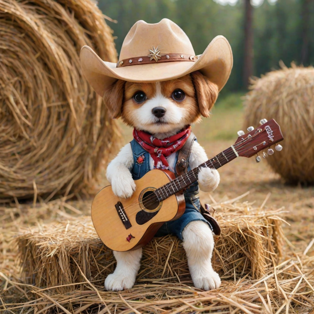 A chibi dog, dressed as a cowboy, playing guitar, sitting on a hay bale