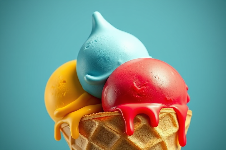 Create a vibrant illustration of an ice cream cone with three scoops (yellow, blue, and red) dripping slightly, using a high-resolution digital camera with a 50mm lens, f/2.8 aperture, and soft lighting to enhance colors and textures, shot from a slightly elevated angle.