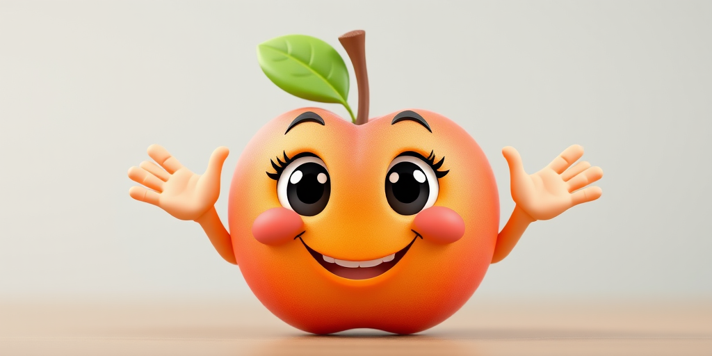 Create a 3D cartoon-style character of a smiling peach with large eyes and a friendly expression, hands raised in a welcoming gesture, soft lighting, high-resolution, shallow depth of field, shot with a DSLR camera at f/2.8, 50mm lens, ISO 100, natural color balance.