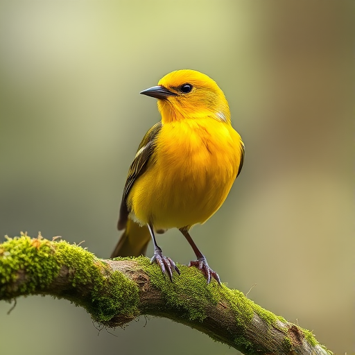A vibrant yellow bird perched on a mossy branch, soft bokeh background, shot with a Canon EOS-1D X Mark III, 300mm f/2.8 lens, aperture f/4, ISO 200, shutter speed 1/500s, natural light, shallow depth of field.