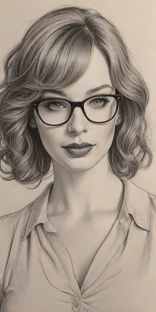 Captivating Christina Hendricks, pencil sketch, portrait of Attractive woman 1978s in glasses, hair style beatnik, outline, clear lines, fine lines, 8k