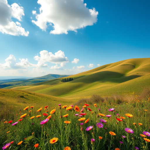 Create an image of a serene landscape with rolling hills, vibrant wildflowers in the foreground, a clear blue sky with fluffy white clouds, taken with a Canon EOS 5D Mark IV, 24mm lens, aperture f/8, shutter speed 1/200s, ISO 100, in portrait orientation, with natural lighting to enhance colors and depth.