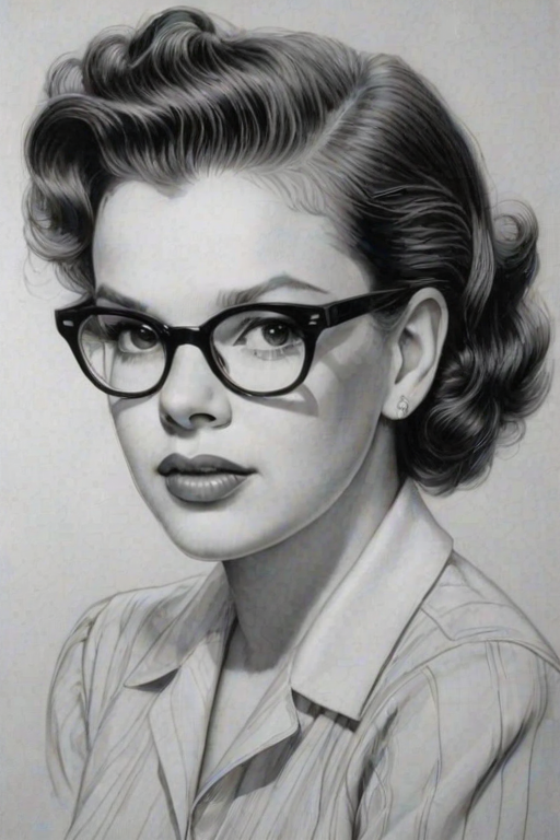 Captivating Judy Garland, pencil sketch, portrait of Comely woman 1953s in glasses, hair style beatnik, outline, clear lines, fine lines, 8k