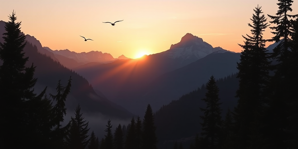 create a serene mountain landscape at sunrise with soft pastel colors, featuring silhouettes of evergreen trees and birds in flight, captured with a DSLR camera at f/8 aperture, ISO 100, 50mm lens, in landscape orientation with high dynamic range for enhanced detail and clarity
