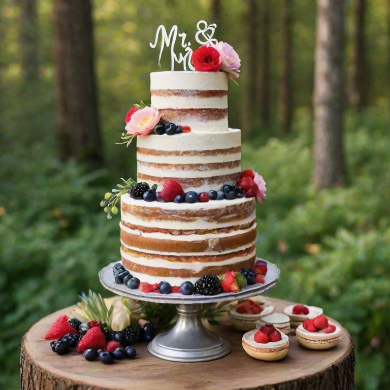 Create a rustic wedding cake with multiple layers, featuring a naked design. Decorate with fresh berries, macarons, and edible flowers. Add a decorative cake topper that says "Mr & Mrs." Place the cake on a silver cake stand, and set it against a natural outdoor backdrop.