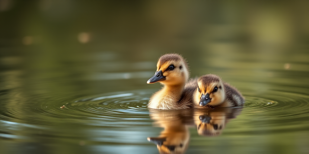 Capture a close-up of two ducklings swimming in a still pond with soft reflections, using a Canon EOS 6D, 50mm lens, f1.8 aperture, ISO 400, 1/200 sec shutter speed, with natural lighting and a shallow depth of field for a blurred background.