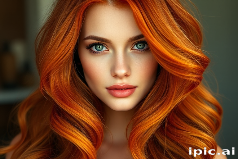 Vibrant auburn tresses cascade in loose waves, framing a porcelain face with emerald eyes, showcasing the Sunburst Flame style's fiery allure and voluminous texture