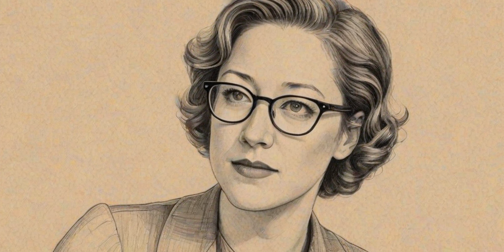 Fascinating Carrie Coon, pencil sketch, portrait of Fetching woman 1942s in glasses, hair style beatnik, outline, clear lines, fine lines, 8k