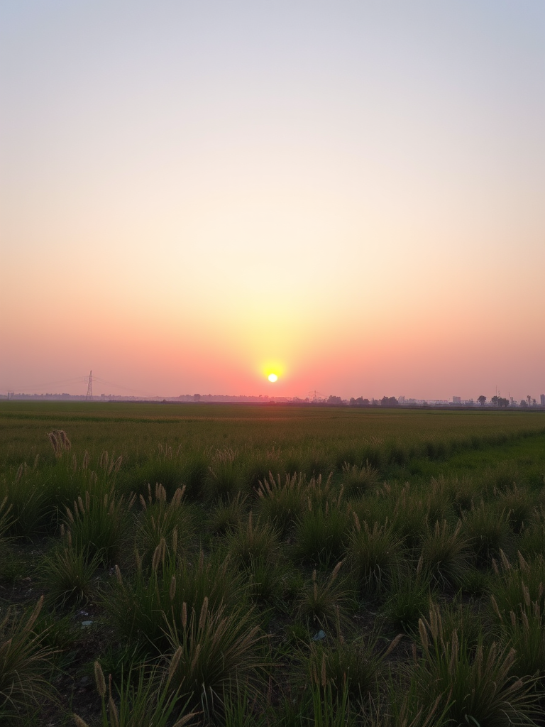 Generate a high-resolution image of a serene landscape at sunrise with soft pastel colors, focal length of 35mm, aperture set to f/8 for sharpness, ISO 100, using a DSLR camera with a wide-angle lens for an expansive view.