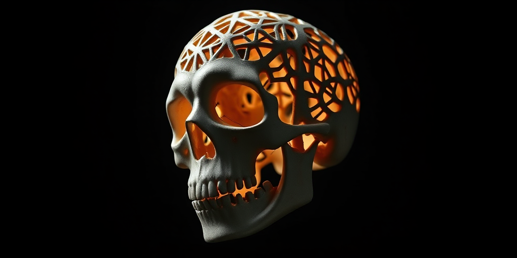 3D rendered skull with intricate lattice design, dramatic lighting from below, captured using a DSLR camera with a 50mm lens, aperture f/1.8, ISO 100, high dynamic range, three-point lighting setup, dark background.